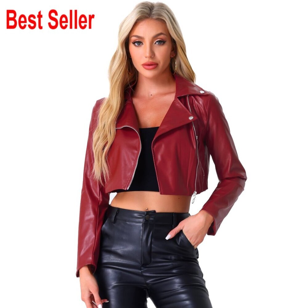 Faux Leather Moto Cropped Jacket Long Sleeve Zip Up Notched Lapel
